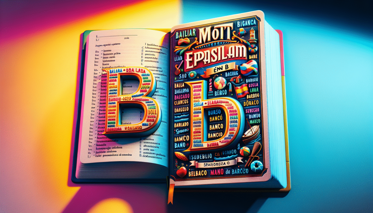 Illustration livre dictionnaire espagnol "Mot Espagnol en B", mots b comme "bailar", "banco", "barco", icônes détaillées.