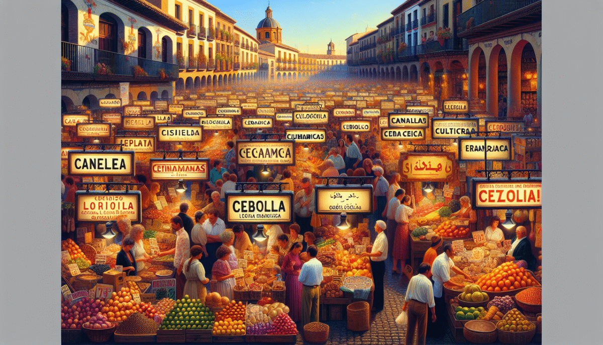 Mot Espagnol en C : scène de marché animée en Espagne, avec panneaux "canela", "cebolla", "cerámica", "cítricos" et "cultura".