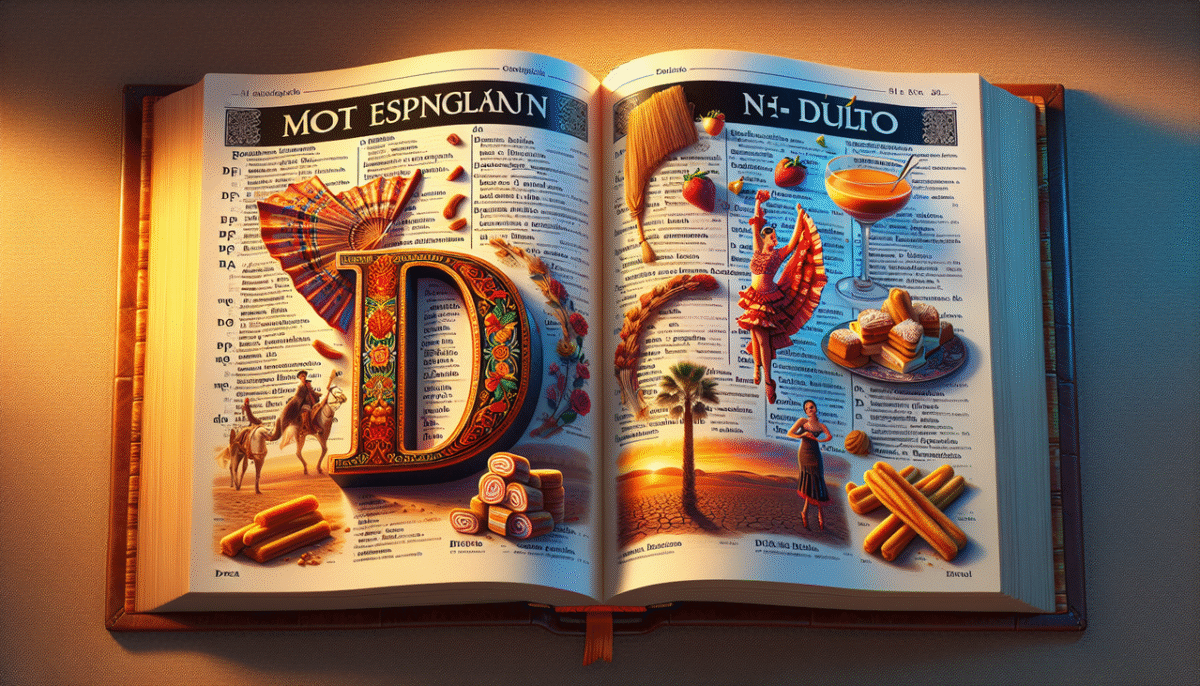 Illustration colorée d'un dictionnaire espagnol illustrant "Mot Espagnol en D".