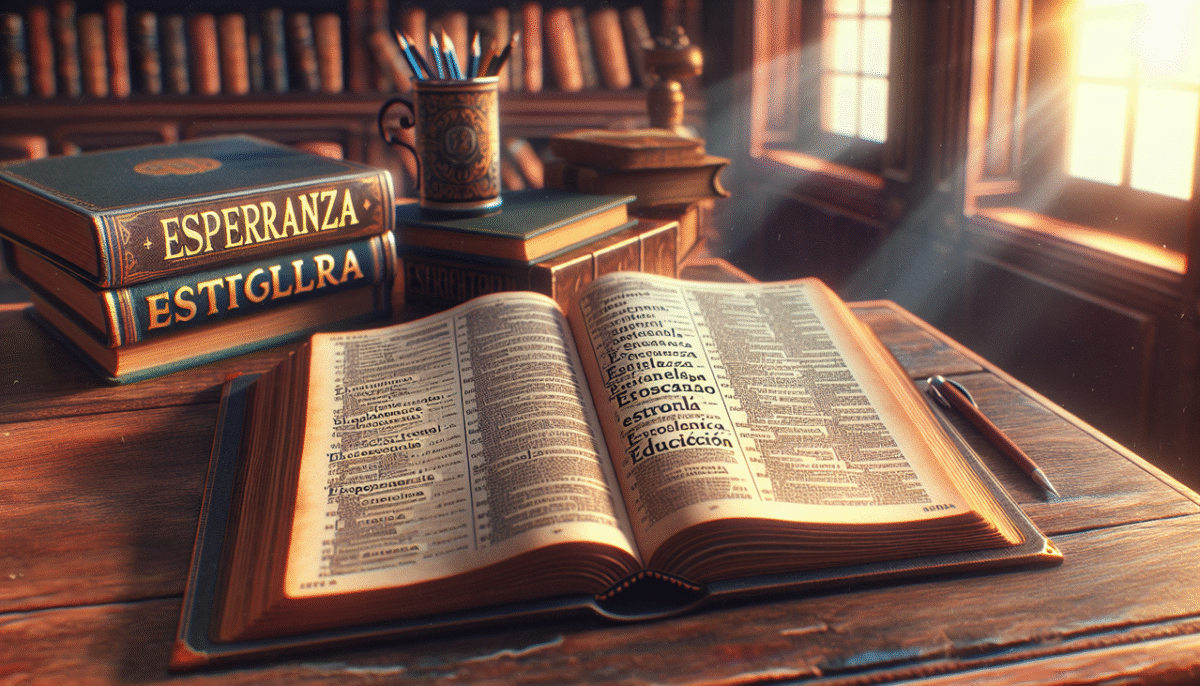 Affiche des mots espagnols commençant par E dans un dictionnaire ouvert sur un bureau en bois chaleureux.