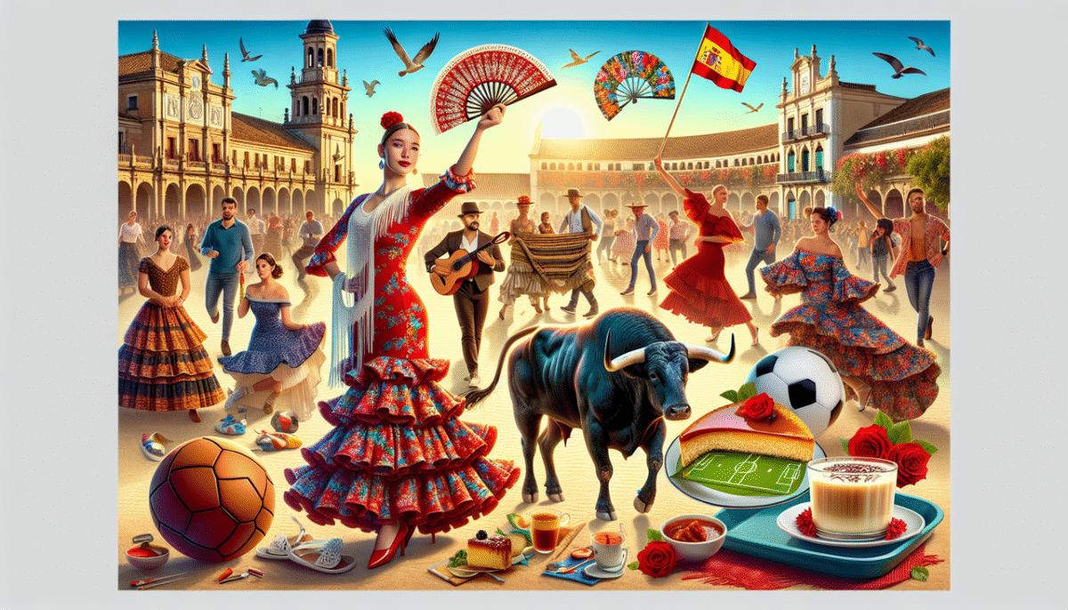 Illustration des mots espagnols commençant par F : flamenco, furia, flan, fútbol, fiesta, fan.