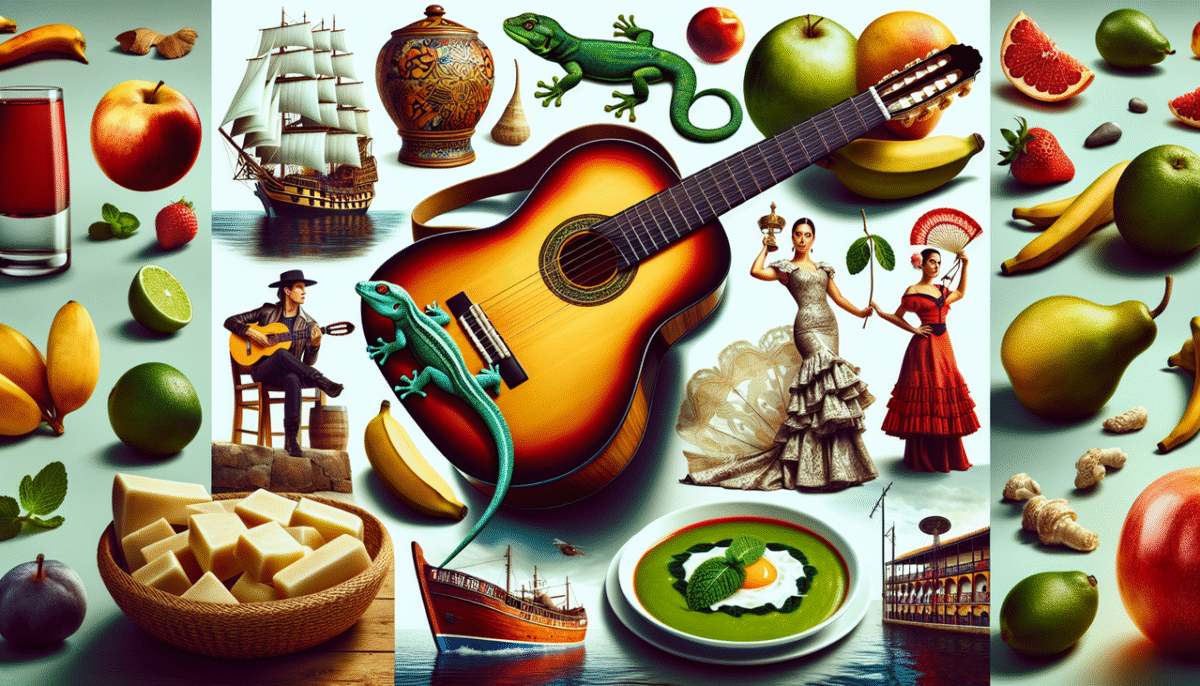 Alt text : Collage objets et concepts espagnols en G : guitare, galion, gecko, grenade, gazpacho, danseur flamenco, matador.