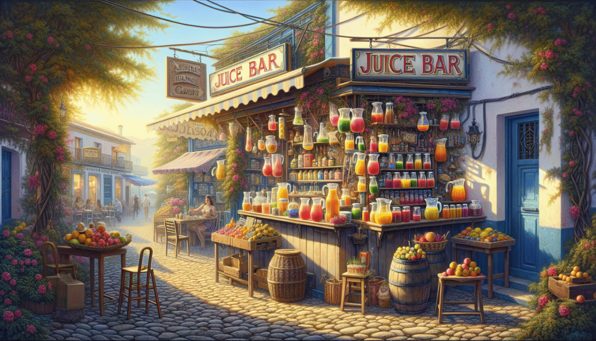 Mot espagnol en J dans une scène de rue traditionnelle animée avec un bar à jus, de la gelée et du jambon.