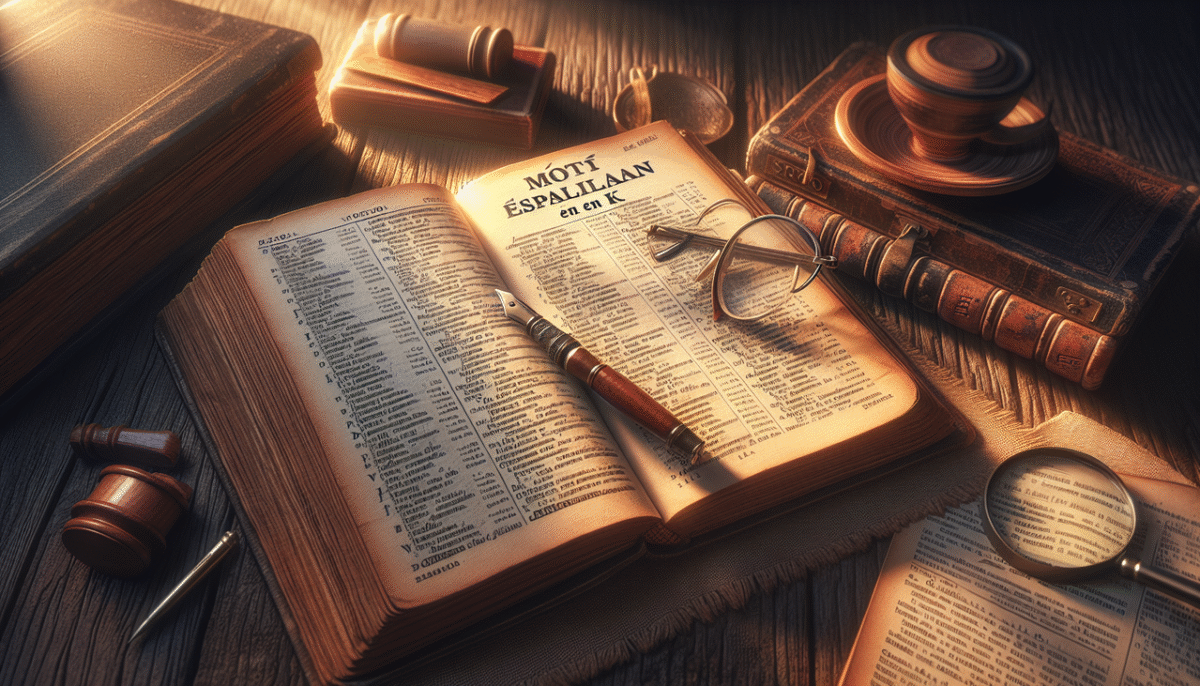 Affiche "Palabras Españolas con K" sur une page de dictionnaire ouverte.