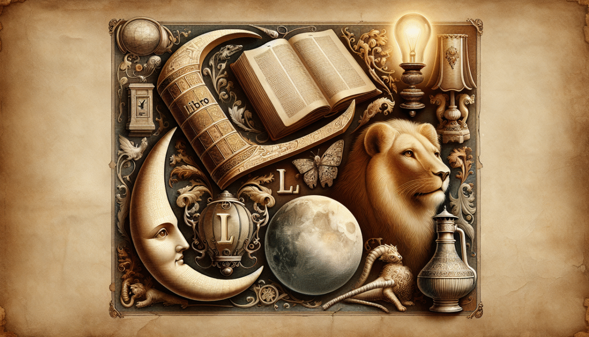 Mot Espagnol en L : Livre, Lampe, Lion, Lune, détails finement gravés, réalisme photo, ombres subtiles.