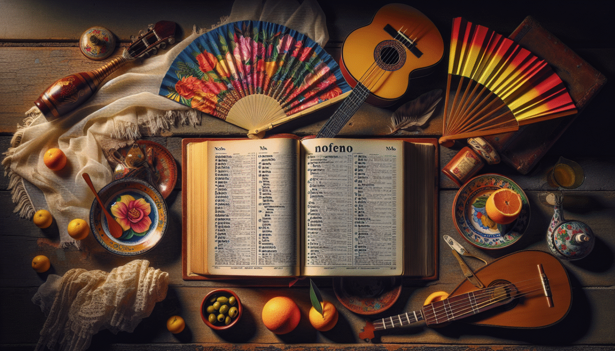 Mot Espagnol en N sur un dictionnaire ouvert avec objets espagnols traditionnels.alt text: "Mot Espagnol en N sur un dictionnaire avec objets traditionnels d'Espagne"