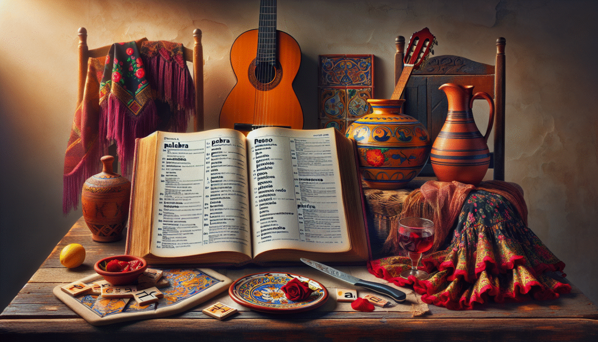 Illustration espagnole: dictionnaire ouvert avec mots commençant par P, guitare, vêtements flamenco, tuiles artisanales, carafe.