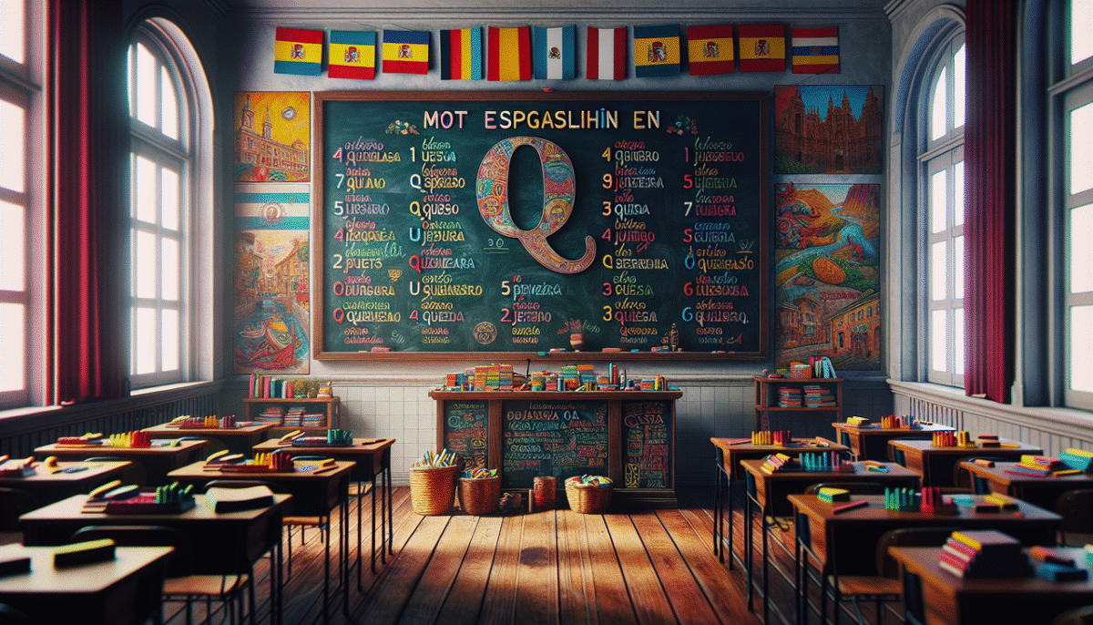 Image illustrant des mots espagnols débutant par 'Q' sur un tableau noir en classe.