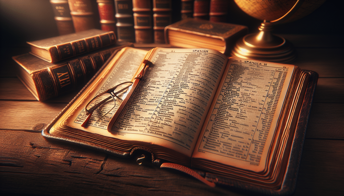 Mot espagnol en R sur page de dictionnaire en cuir avec liste de mots et lunettes de lecture.