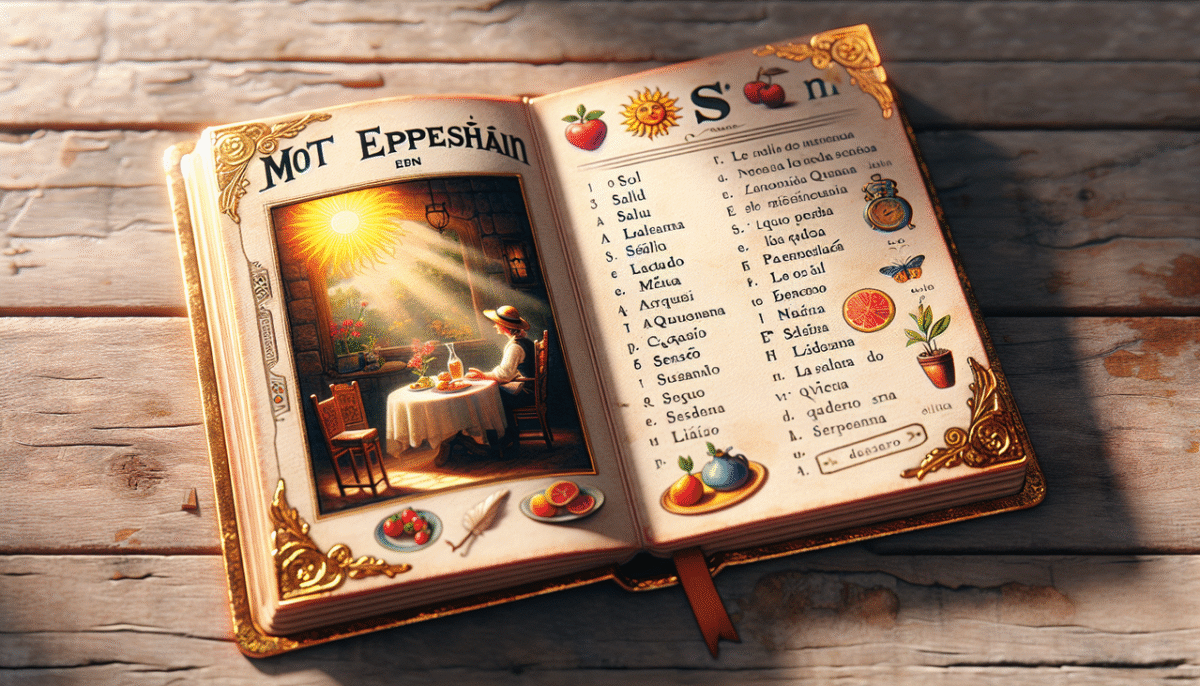 Crée une image avec un livre ouvert antique montrant des mots espagnols commençant par S.