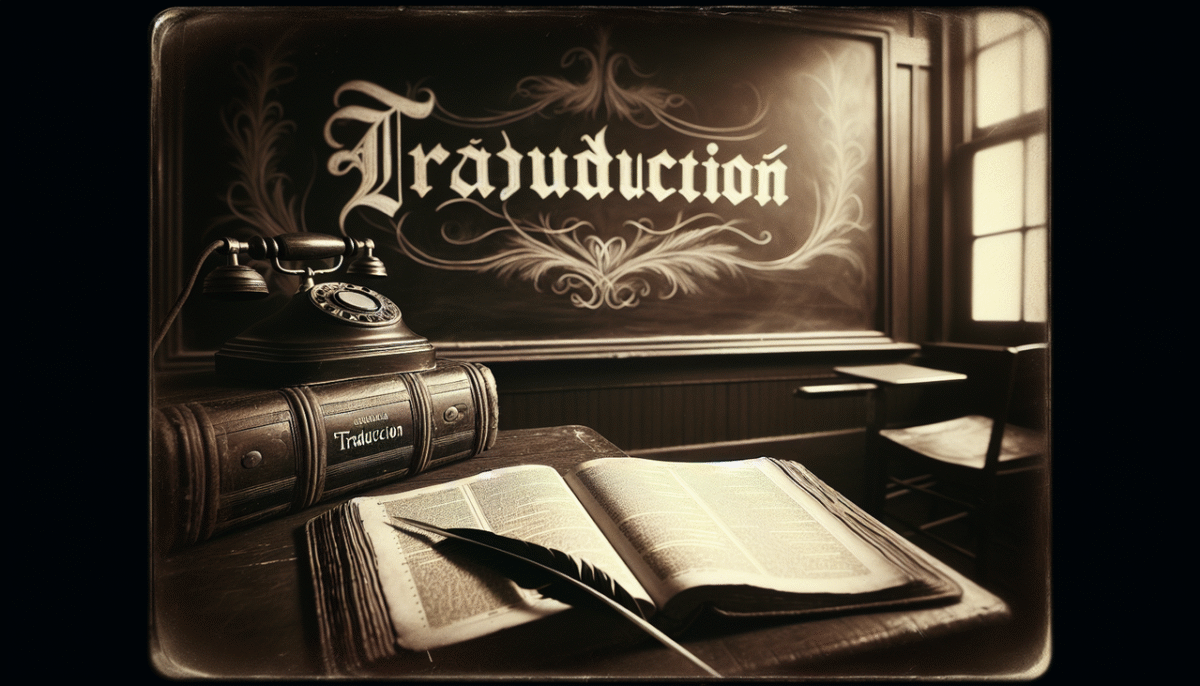 Affiche "Traducción" et "Traduction" en cursive sur tableau d'école ancienne. Dictionary ouvert et plume sur bureau en bois.