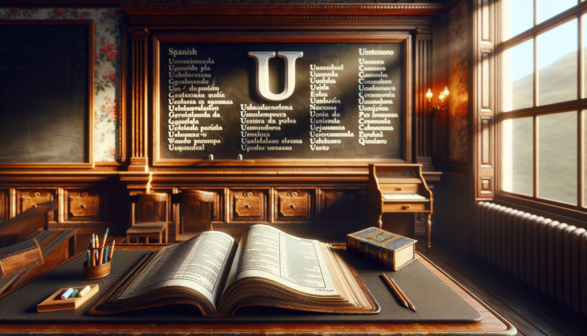 Affichage de mots espagnols commençant par U en classe vintage.
