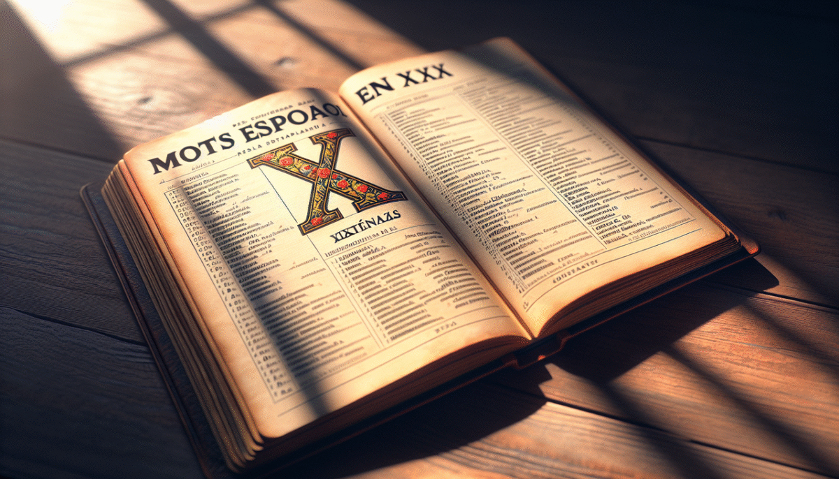 Afficher "Mots Espagnols en X" sur une page de dictionnaire ouverte avec une mise en avant artistique de la lettre X et des mots espagnols commençant par X.