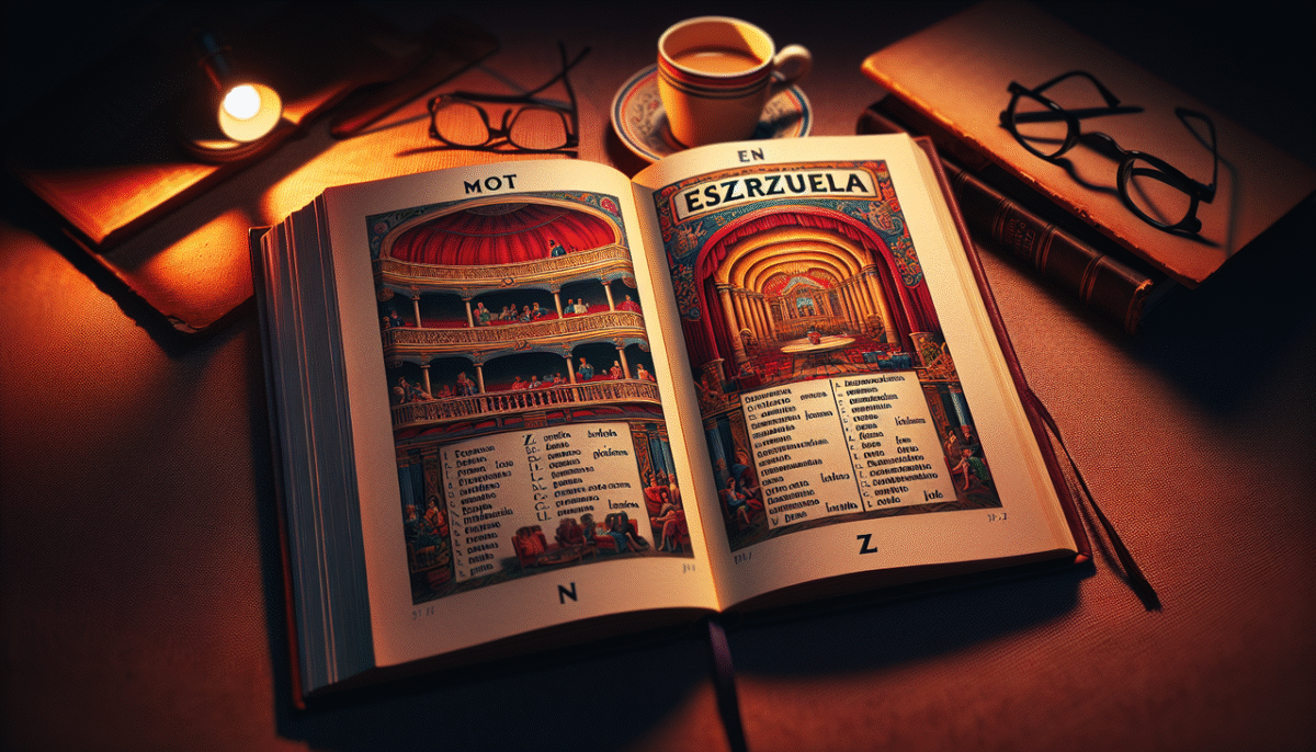 Illustration colorée d'une zarzuela, avec liste de mots en Z et icônes.