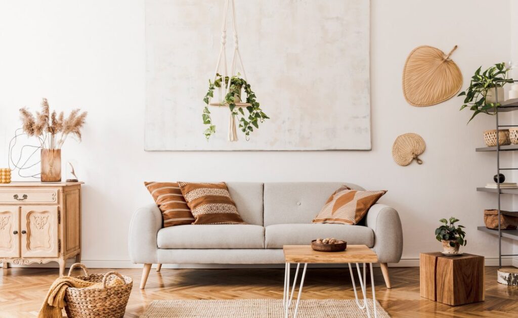 Petits objets déco pas chers disposés sur une étagère en bois dans un salon