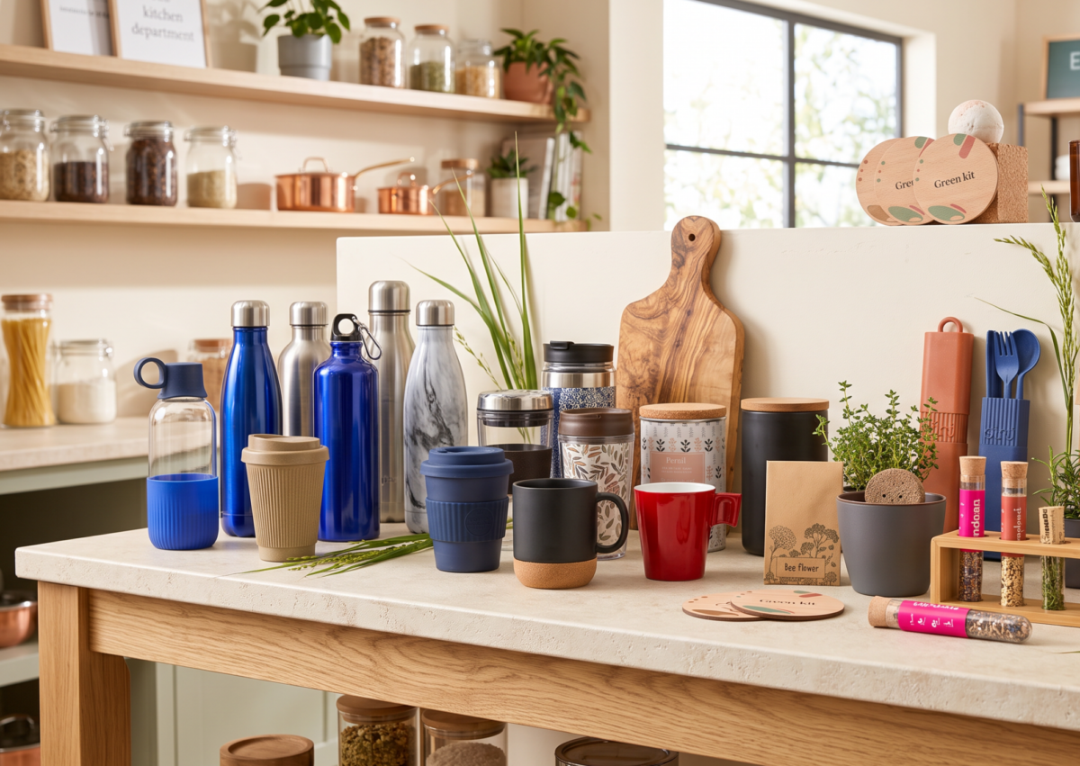 Cadeaux écoresponsables pour la maison : objets en bois, lin et verre posés sur une table claire