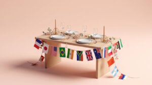 Petits cadeaux déco emballés posés sur une table pour une pendaison de crémaillère
