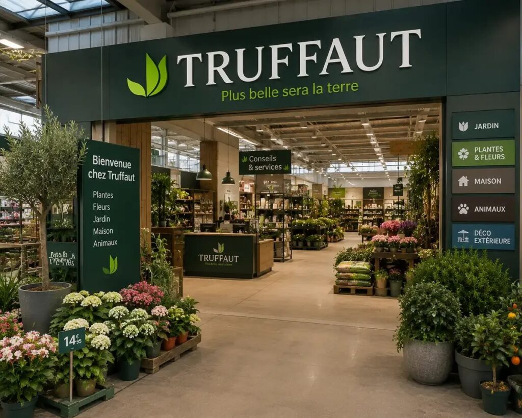 Entrée d'une jardinerie Truffaut avec plantes d'extérieur et rayon animalerie