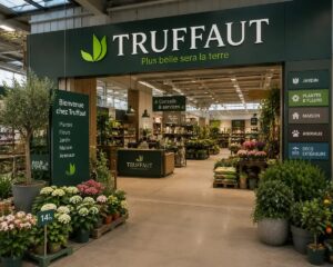 Entrée d'une jardinerie Truffaut avec plantes d'extérieur et rayon animalerie