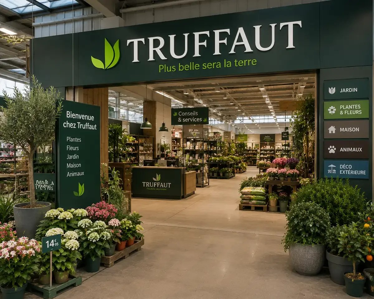 Entrée d'une jardinerie Truffaut avec plantes d'extérieur et rayon animalerie