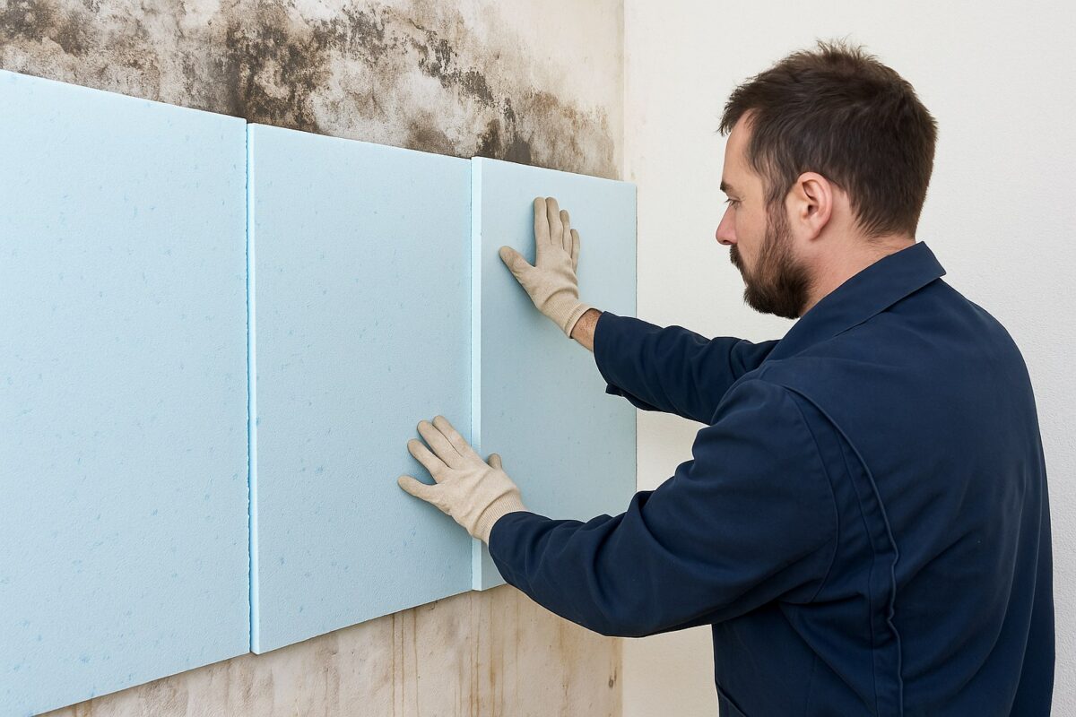 Pose d'un doublage isolant pour isoler un mur intérieur dans une pièce en rénovation