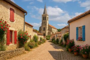 Ruelle pavée bordée de maisons en pierre dans un village labellisé Plus beau village de France