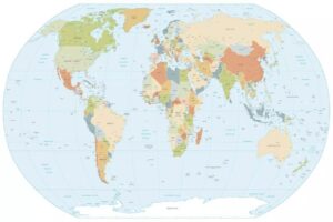 Carte du monde murale dépliée, planisphère politique et physique aux couleurs vives